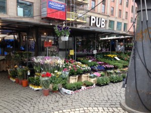 Flowers here, fruit behind us. We bought some great strawberries!