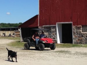 Boomer loves to run around with the golf cart and four-wheeler!