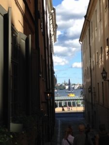 A fancy and huge catamaran is in the harbor.